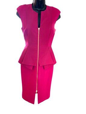 Ted Baker Fuchsia Pink Peplum Dress With Gold Zip Front Sleeveless Fitted Size S